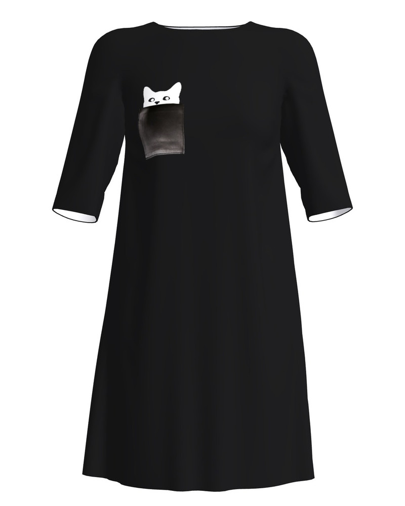 KITTY IN POCKET 3/4 SLEEVES DRESS BLACK