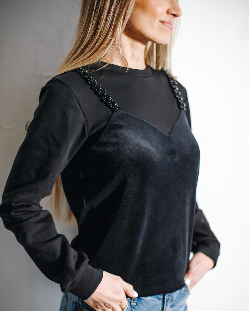PEARL TOP SWEATSHIRT VELVET BLACK