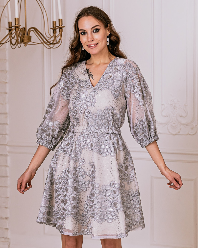 PUFF CIRCLE DRESS SEQUIN LACE SILVER