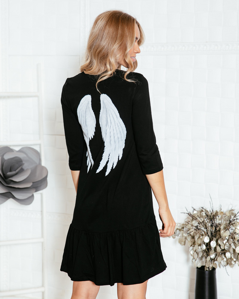 ANGEL PRINT FRILL DRESS BLACK
