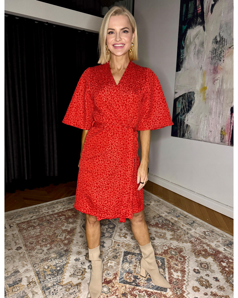 KIMONO JACQUARD DRESS RED