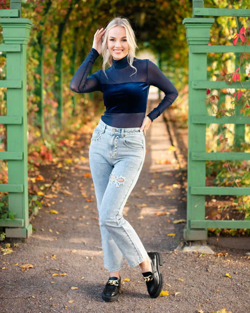 MESH TURTLENECK BLOUSE NAVY BLUE