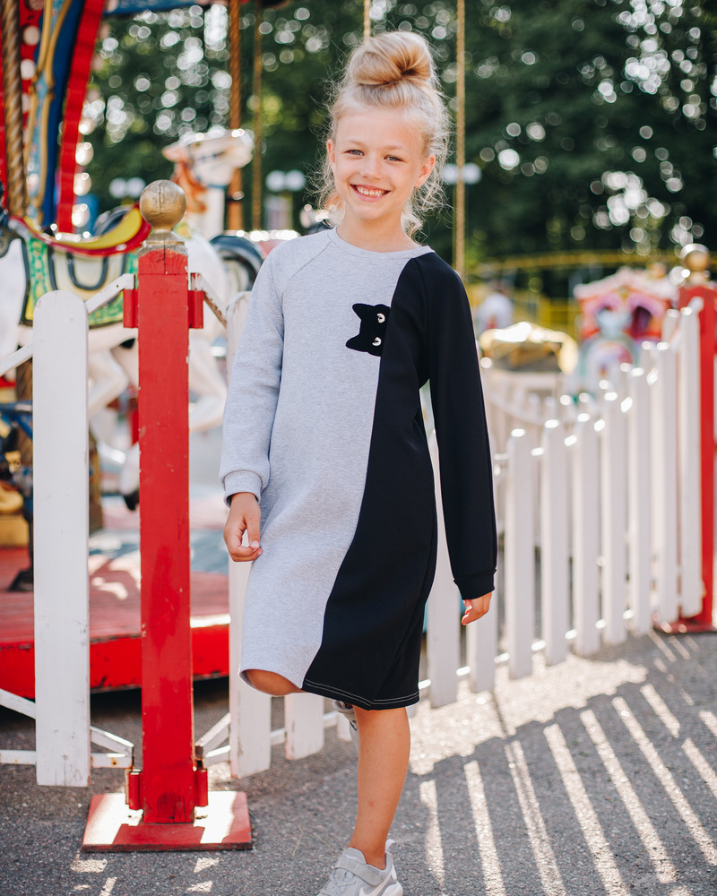 PEEK-A-BOO CAT KIDS SWEATER DRESS GREY