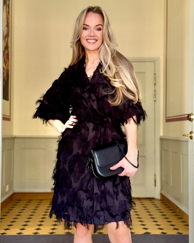 KIMONO FRINGE DRESS BLACK
