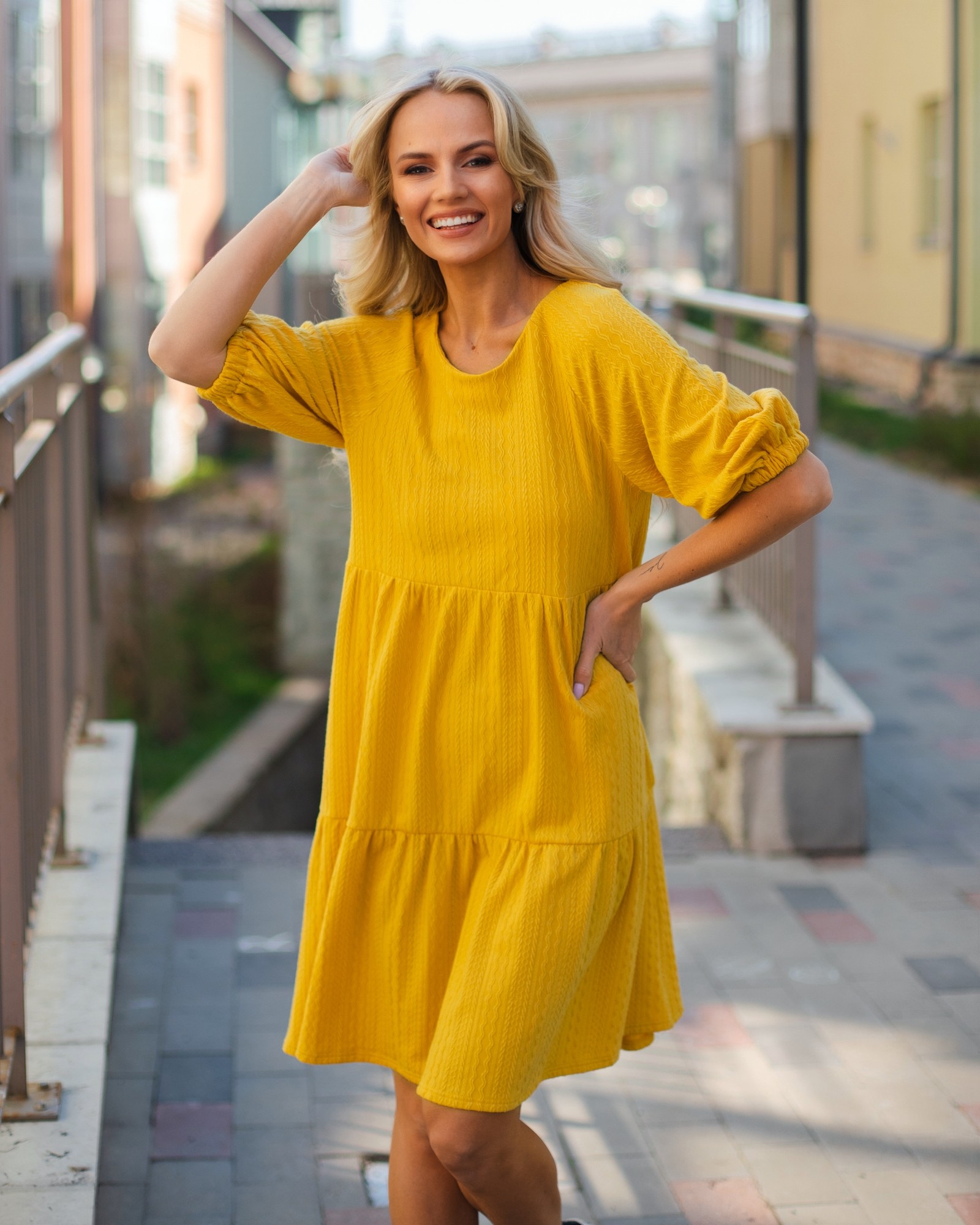 boho ruffle dress knit yellow