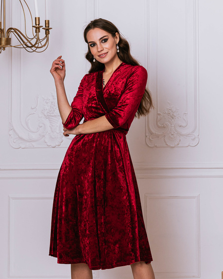 ELEGANT VELVET MIDI DRESS PATCHY RED