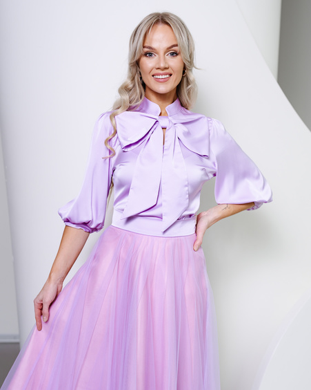 BIG BOW SILKY BLOUSE LILAC