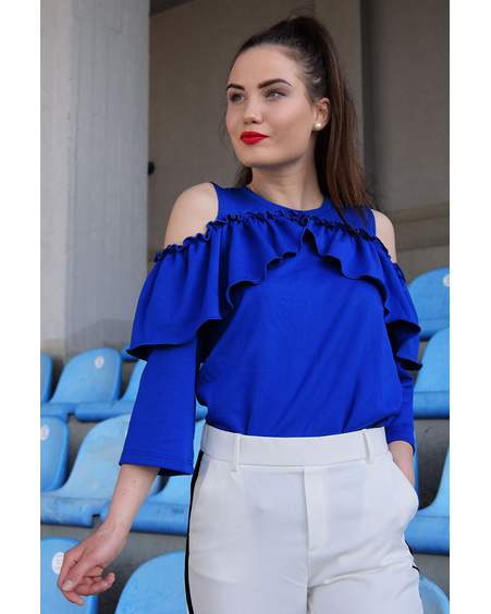 BLUE CUT OUT FRILL SWEATER