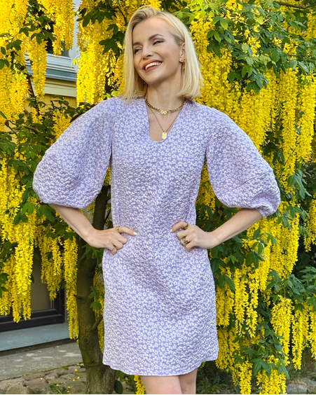 PUFF SLEEVE MINI DRESS JACQUARD LILAC
