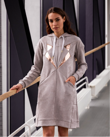 GOLD FOX HOODED DRESS SUEDE PASTEL GREY