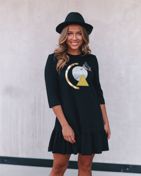 SPRCLE GOLD ABSTRACT FRILL DRESS BLACK