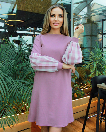 CHEQUERED SLEEVES POCKET DRESS MAUVE