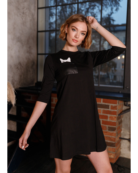 KITTY IN POCKET 3/4 SLEEVES DRESS BLACK