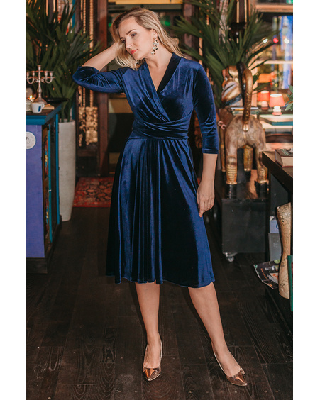 ELEGANT VELVET MIDI DRESS DARK BLUE