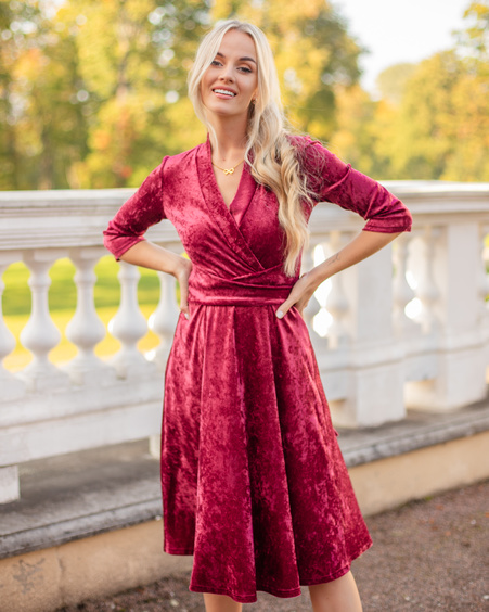 ELEGANT PATCHY VELVET MIDI DRESS RED
