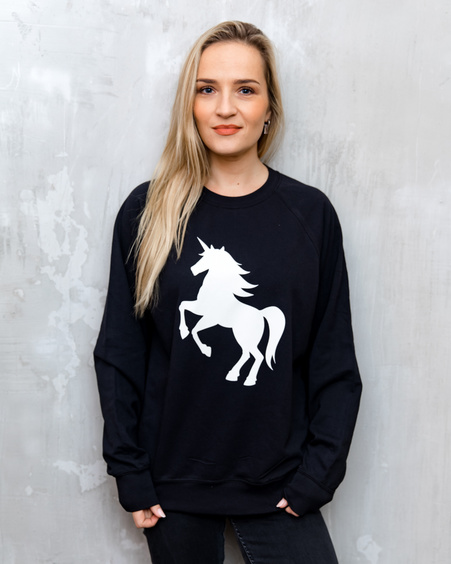 WHITE VELVET UNICORN UNISEX SWEATSHIRT BLACK