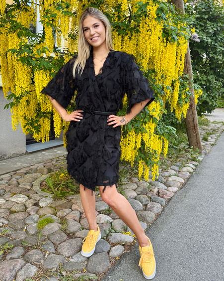 KIMONO FRINGE DRESS BLACK