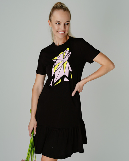 COLORFUL WOLF FRILL DRESS SHORT SLEEVE BLACK