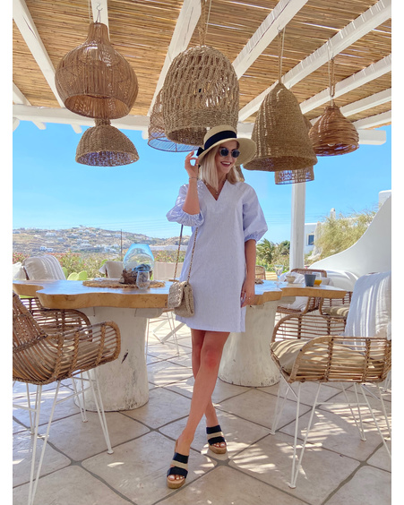WHITE STRIPE PUFF MINI DRESS BLUE