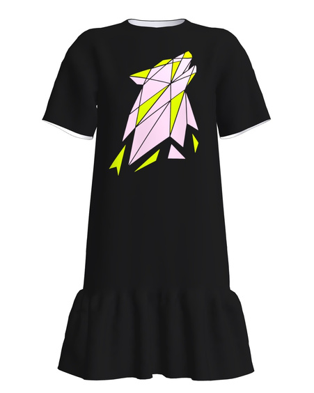 COLORFUL WOLF FRILL DRESS SHORT SLEEVE BLACK
