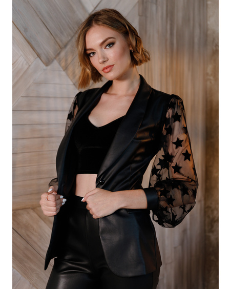 ELEGANT LEATHER JACKET STAR MESH SLEEVES BLACK